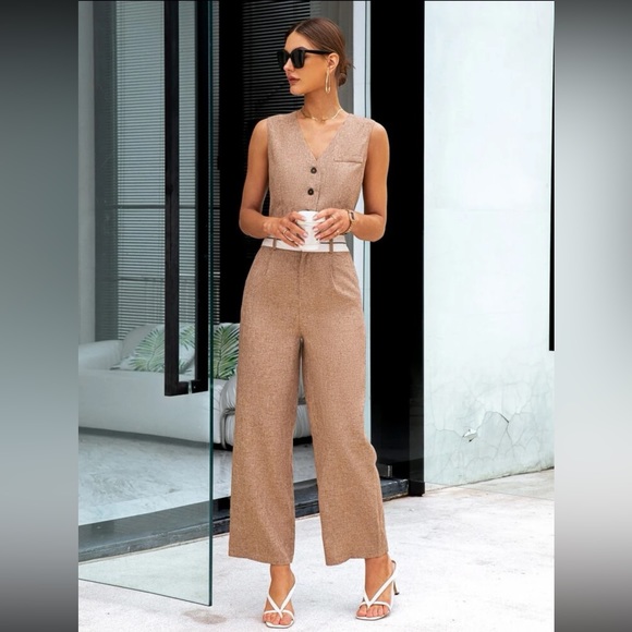 💛Button Front Vest Blazer & Wide Leg Pants Set - Picture 5 of 12